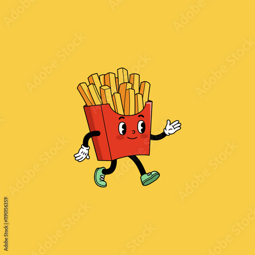 A cheerful cartoon french fries container character strides across a yellow background.