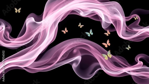 A swirling wave of purple smoke artfully flows against a dark backdrop