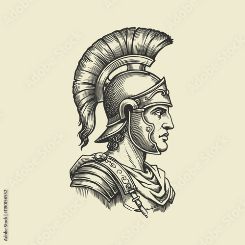 A detailed line drawing depicting the profile of a Roman centurion in full armor, showcasing his helmet and shoulder pieces.