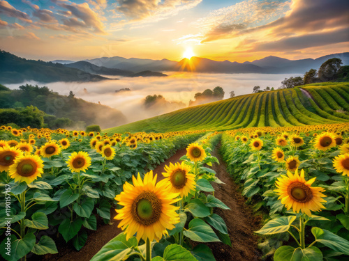 vibrant sunflower field at golden hour, with sunflowers in full bloom, surrounded by misty mountains and rolling hills. warm light creates serene atmosphere photo