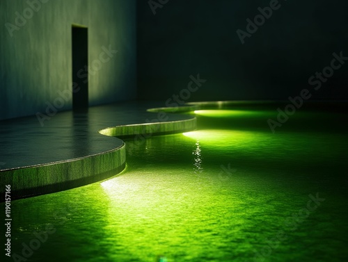 High-tech algae biofuel facility illuminated by sunlight modern eco-technology industrial setting serene atmosphere photo