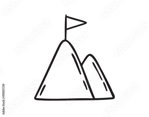 Flag on top of mountain, mission concept doodle hand drawn icon. Outline drawing flag on top of mountain line clipart symbol