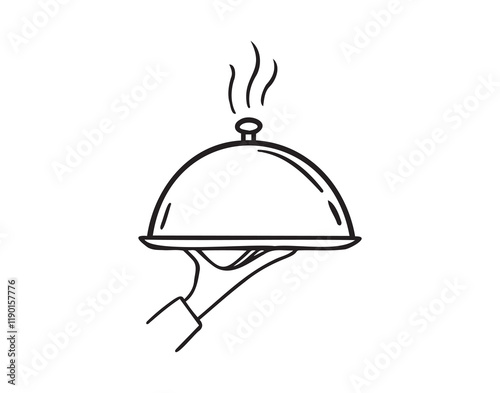 Waiter hand holding cloche serving plate doodle hand drawn icon. Outline drawing Waiter hand holding cloche serving plate line clipart symbol