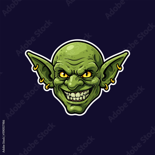 The image showcases a cartoon goblin head with a wicked smile, pointed ears, and piercing yellow eyes against a dark background.