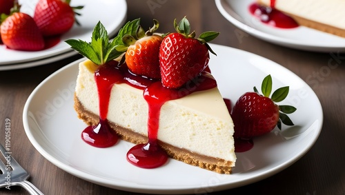 A decadent slice of creamy cheesecake topped with vibrant strawberries and drizzled with rich strawberry sauce, presented on a white plate.
