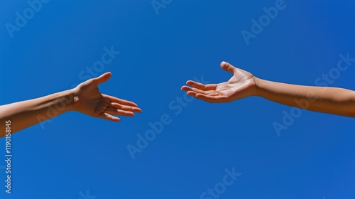 A helping hand. Two arms. Care and support. Two hands reaching towards each other set against a clear blue sky background. A hand of hope. Gesture. Connection