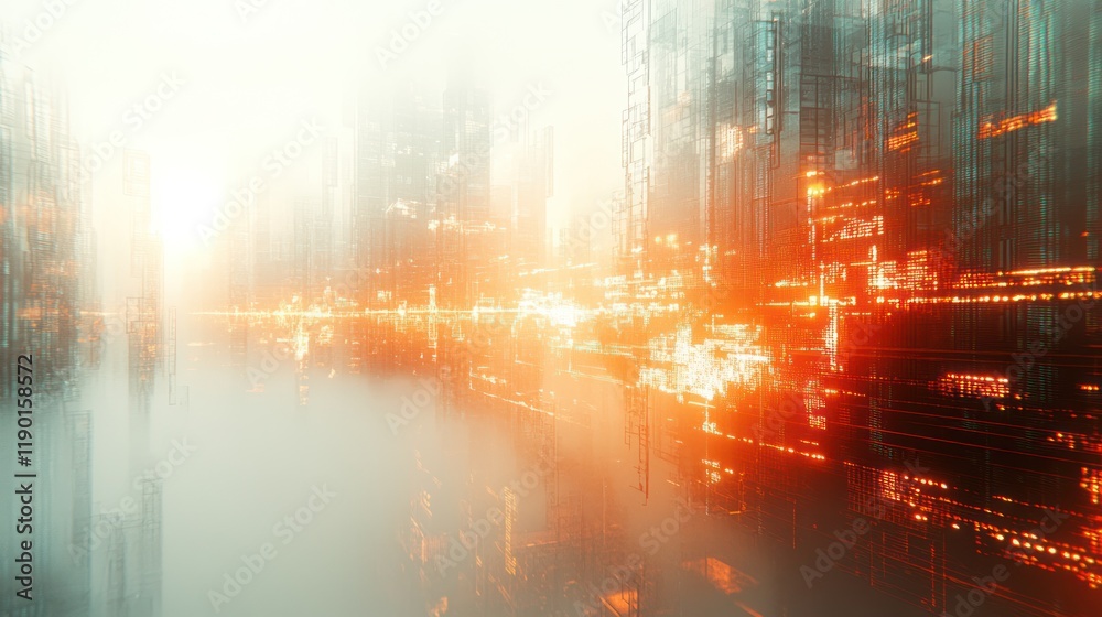 Fototapeta premium Futuristic city skyline at dawn, reflected in water, with glowing orange lights and fog.