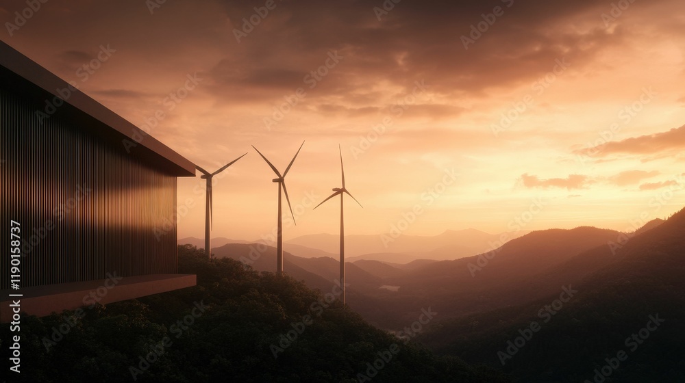 Obraz premium Wind-powered biofuel plant on cliffside sustainable energy generation scenic landscape mountain view