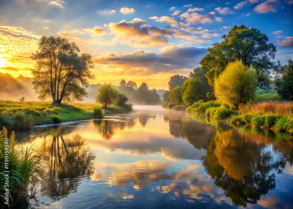 serene morning river scene with vibrant reflections, lush trees, and colorful sky. tranquil atmosphere evokes sense of peace and natural beauty serene morning river scene with vibrant reflections, lush trees, and colorful sky. tranquil atmosphere evokes sense of peace and natural beauty