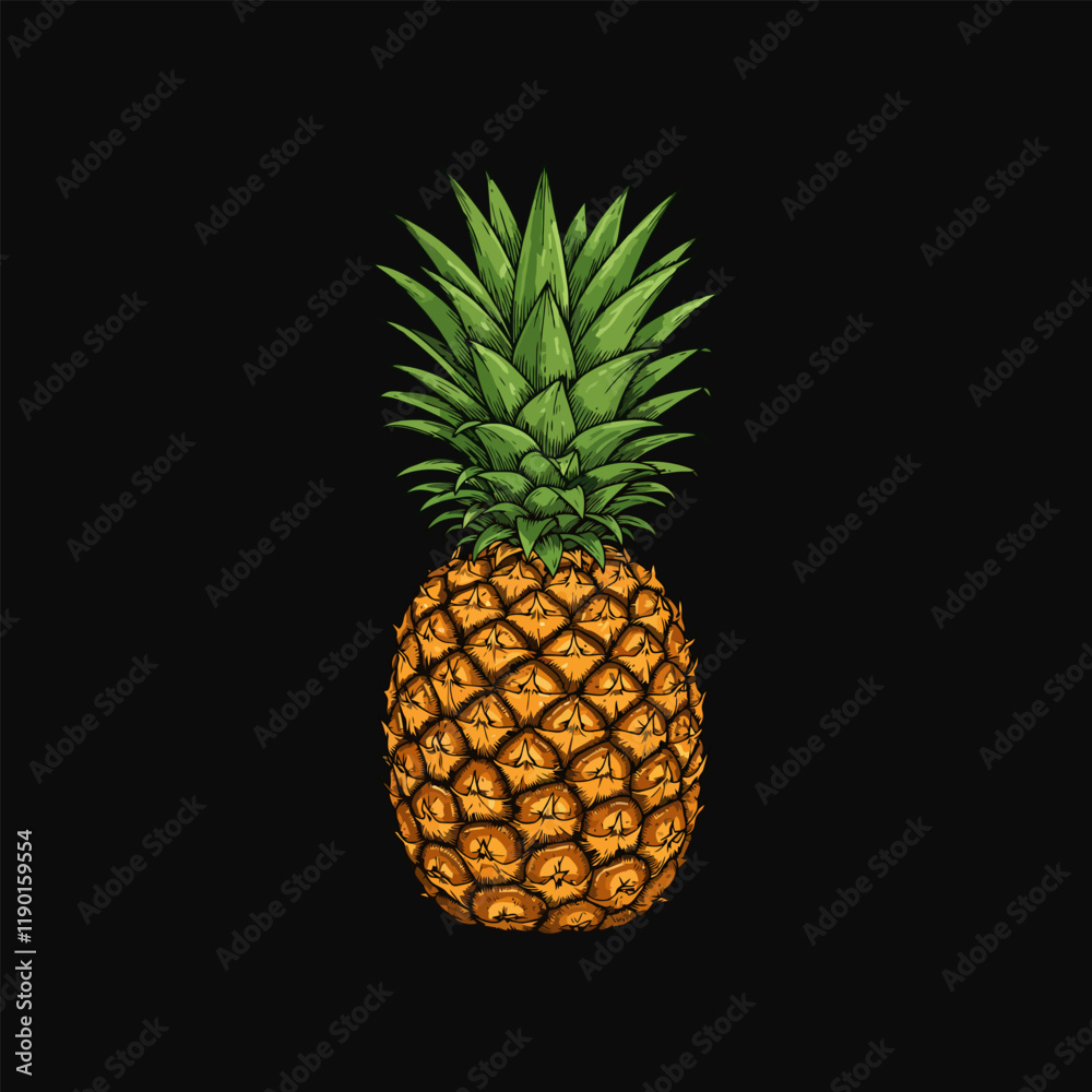 A hand drawn illustration depicts a single whole ripe pineapple against a black background. A hand drawn illustration depicts a single whole ripe pineapple against a black background.