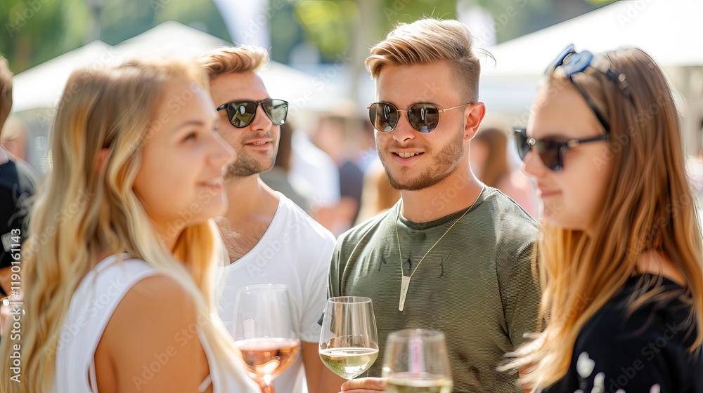 Group of young adults (Caucasian) enjoying drinks outdoors at a social event, expressing cheerful conversations in a vibrant atmosphere.