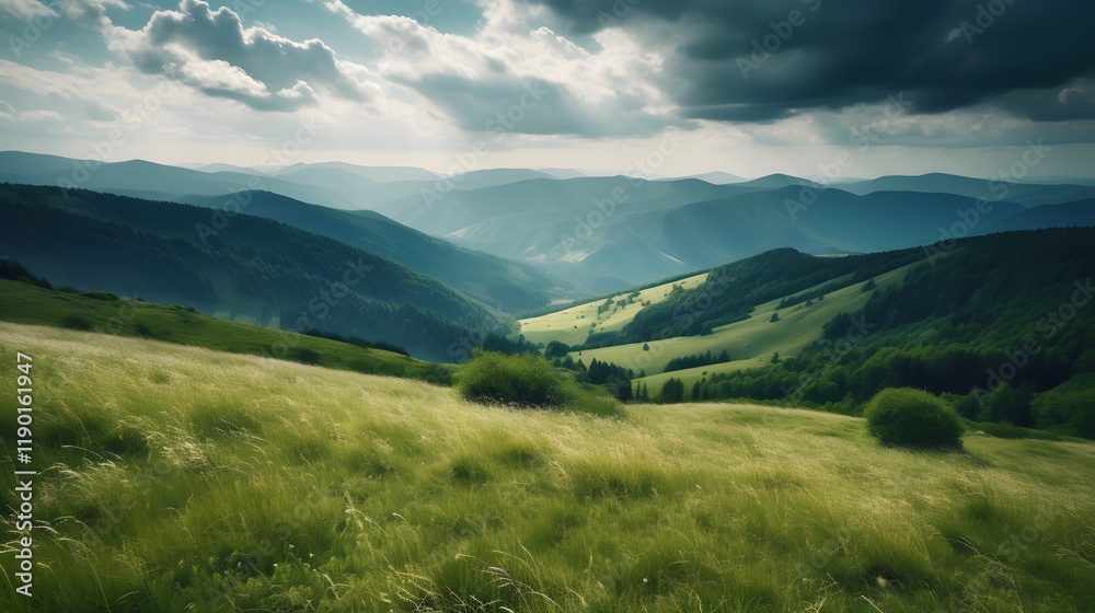 Fototapeta premium a grassy field with mountains in the background
