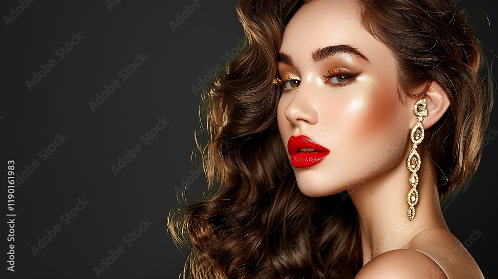 Fototapeta premium Glamorous Woman with Red Lips and Long Brown Hair