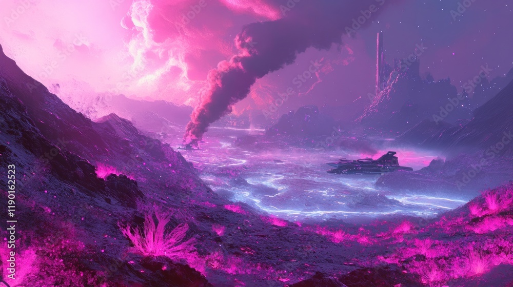 Naklejka premium Ethereal Pink Alien Landscape: A spaceship rests near a glowing river in a vibrant pink alien world, mountains and a mysterious tower rise in the distance under a dramatic pink sky.