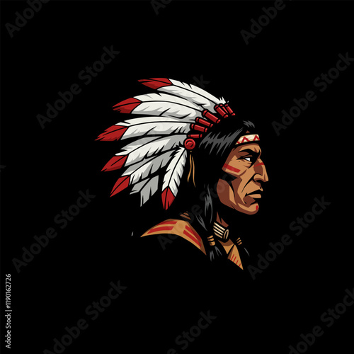 A stylized profile portrait of a Native American man adorned with a magnificent feathered headdress.