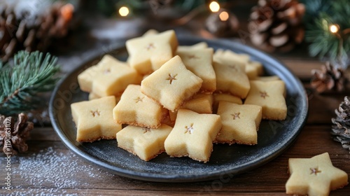 Delicious Star-Shaped Christmas Cookies on a Rustic Wooden Table photo