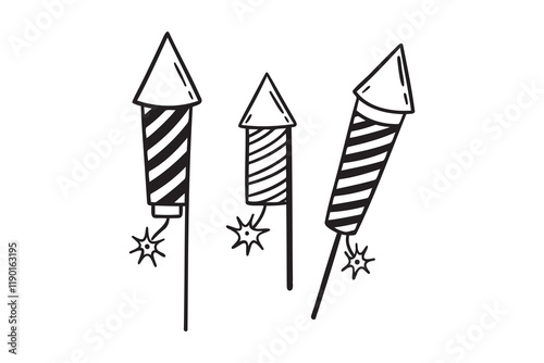 fireworks rocket doodle hand drawn icon set. Outline drawing fireworks rocket line clipart symbol collection