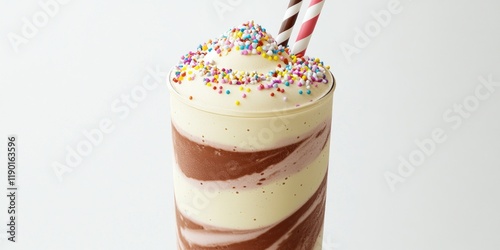 Colorful Swirled Milkshake with Sprinkles and Straws on White Background