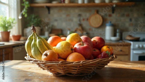 Fresh fruit in basket on kitchen table. Concept of healthy eating and lifestyle. photo