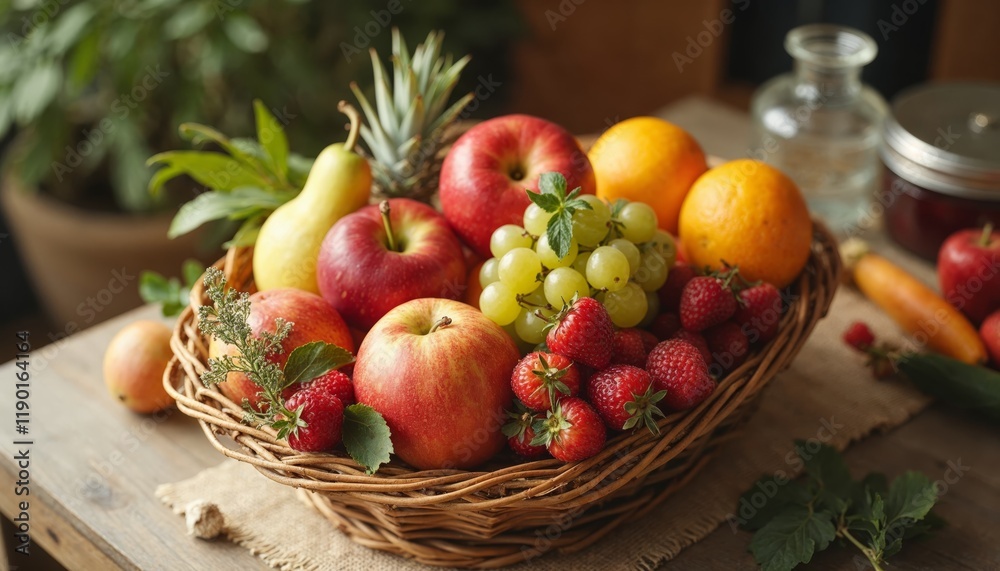 Fresh fruits in basket on wooden table. Concept of healthy eating, organic food, and diet. Fresh fruits in basket on wooden table. Concept of healthy eating, organic food, and diet.