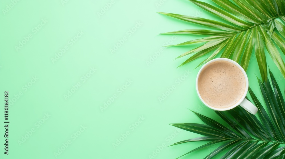 Fototapeta premium Serene Morning Coffee with Tropical Leaves