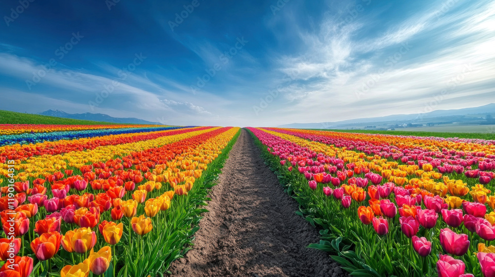 A picturesque spring field with rows of colorful flowers, a winding dirt path, and a clear blue sky A picturesque spring field with rows of colorful flowers, a winding dirt path, and a clear blue sky