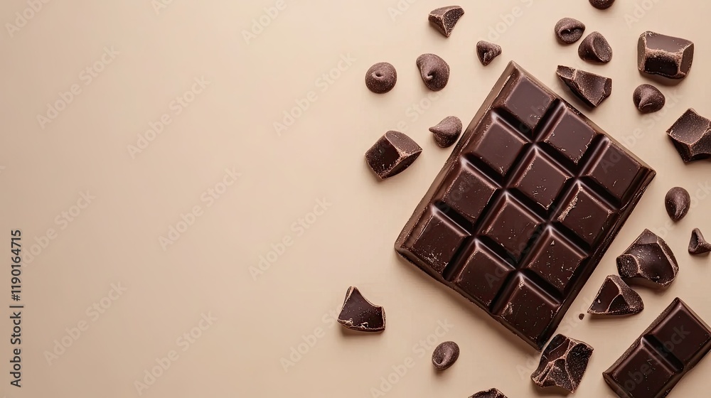 Fototapeta premium Simple flat lay of a chocolate bar on beige, providing a minimalist yet tempting design with ample space for text.