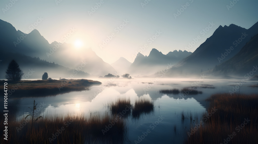 Fototapeta premium a misty sunrise over a lake in the mountains