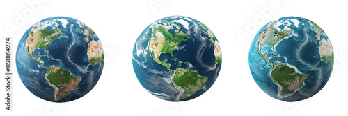Planet earth globe isolated on white background. Blue and green realistic world. PNG transparent.