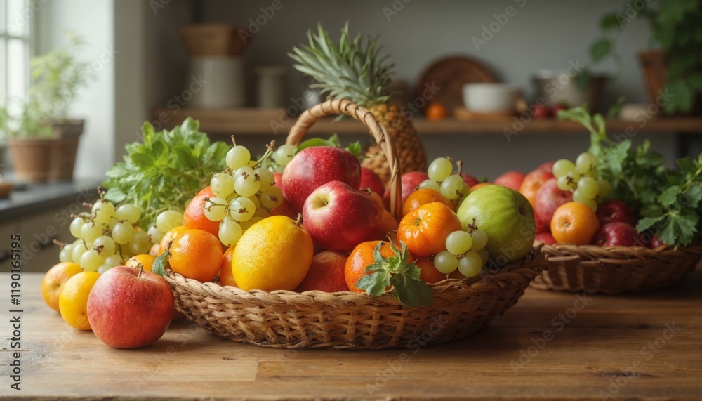 Fresh fruits in basket on wooden table. Concept of healthy eating and diet.
