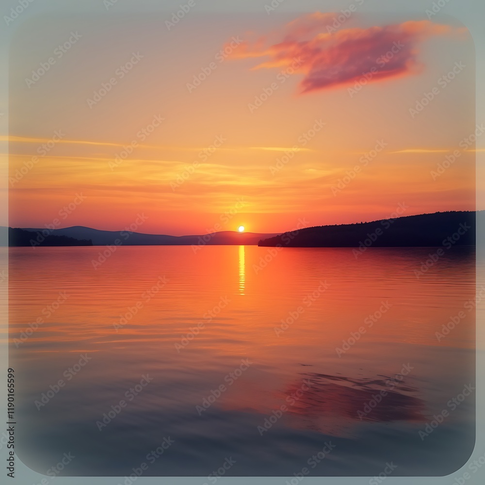 Serene Sunset Over Calm Lake And Distant Hills Serene Sunset Over Calm Lake And Distant Hills