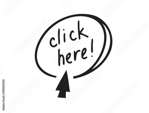 Click here doodle button. Hand drawn sketch cursor icon. Web site register Freehand drawing style