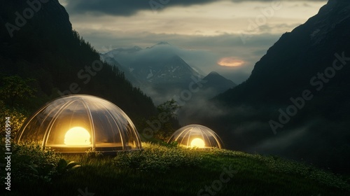 Scenic hydrogen farm with transparent domes in majestic mountains futuristic design tranquil landscape eco-friendly vision photo