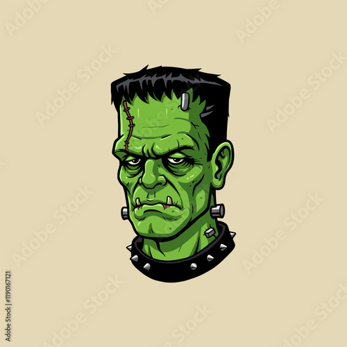 A detailed illustration of Frankenstein's monster head, showcasing his green skin, stitches, bolts, and a studded collar.