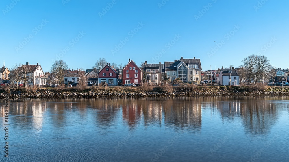 Fototapeta premium Traditional colorful houses in Trondheim, Norway, along the waterfront, with reflections in the water on a clear day, highlighting Scandinavian charm