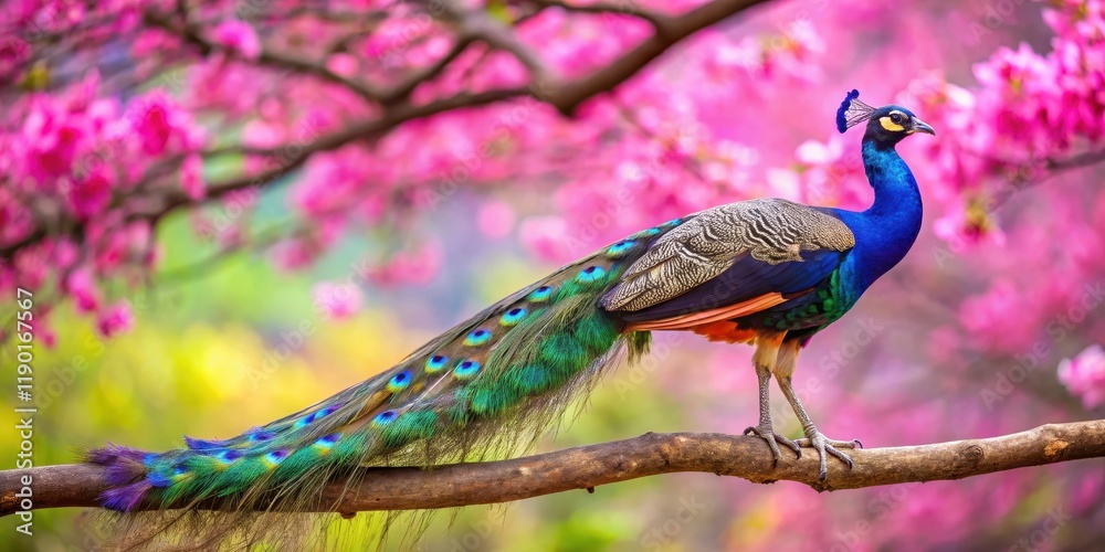A lone peacock standing on a branch with vibrant pink feathers as its backdrop , ornamental, pink feathers A lone peacock standing on a branch with vibrant pink feathers as its backdrop , ornamental, pink feathers