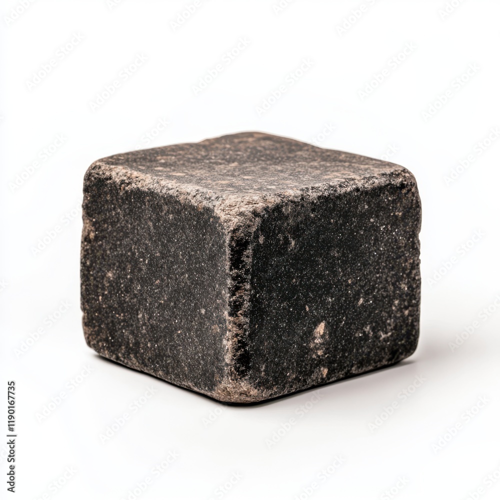A solitary stone block rests on a clean white surface, highlighting its texture and form against the contrasting backdrop. A solitary stone block rests on a clean white surface, highlighting its texture and form against the contrasting backdrop.