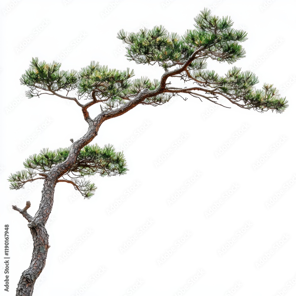Fototapeta premium A small pine tree emerges from the ground, showcasing its vibrant green needles and sturdy trunk, symbolizing growth and resilience in nature.