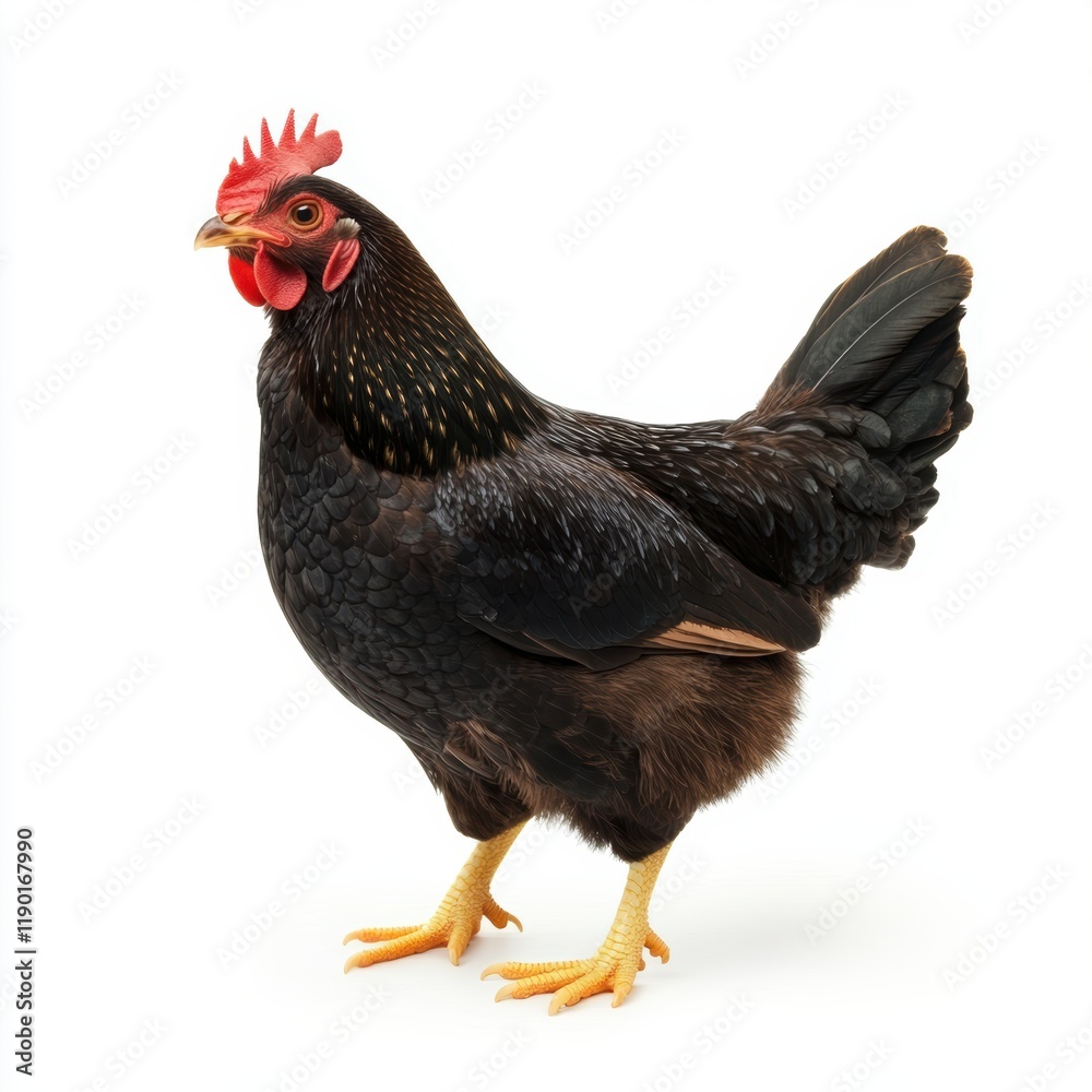 Fototapeta premium A giraffe gracefully stands on a white surface, showcasing its unique features, including a vibrant red comb on its head.