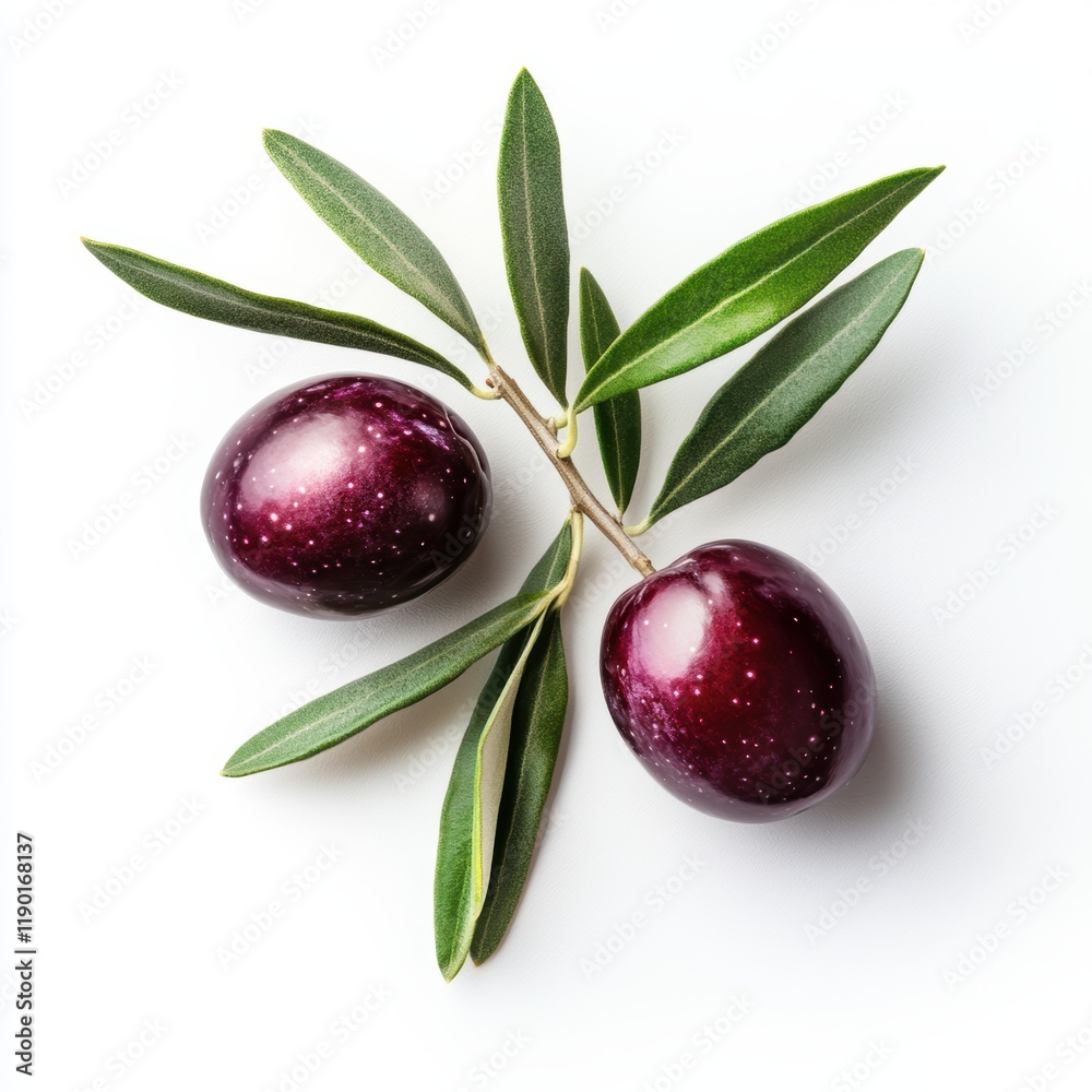 Two green olives with leaves are presented on a pristine white surface, showcasing their natural beauty against a clean white background. Two green olives with leaves are presented on a pristine white surface, showcasing their natural beauty against a clean white background.