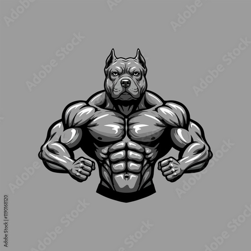 A powerful illustration depicts a muscular pitbull dog with a remarkably defined physique resembling a human bodybuilder.