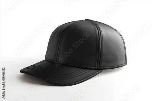 black leather baseball cap with a black band. The cap is sitting on a white background. The cap is a simple design with no embellishments