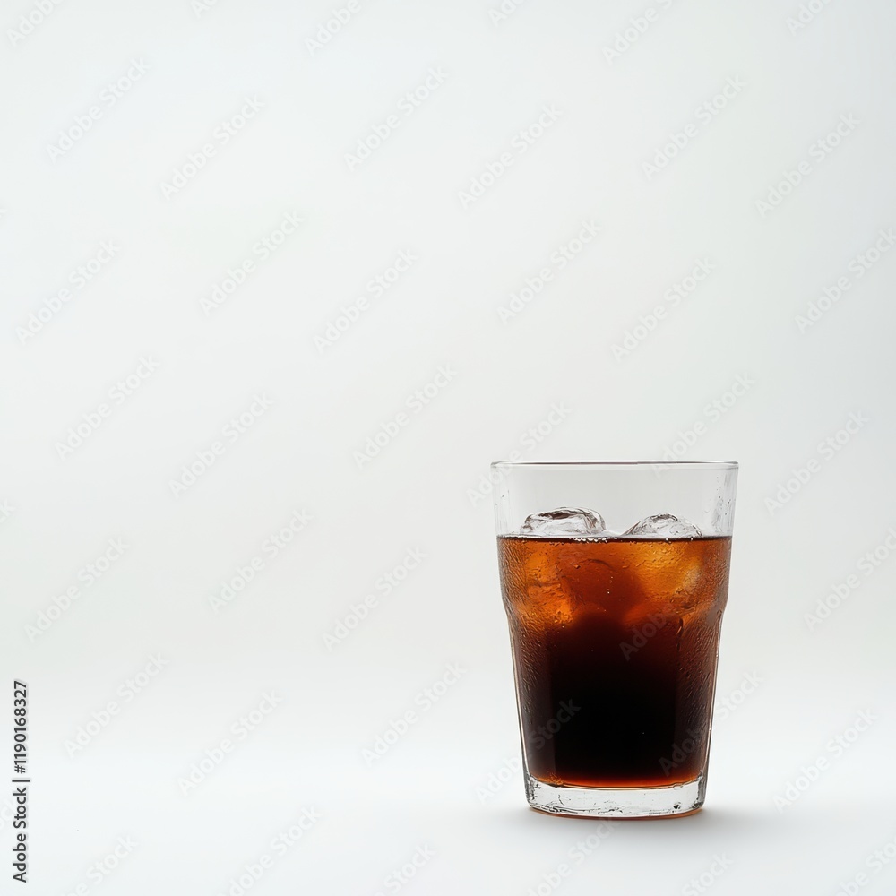 A refreshing glass of soda filled with ice cubes sits elegantly against a clean white background, highlighting its fizzy appeal. A refreshing glass of soda filled with ice cubes sits elegantly against a clean white background, highlighting its fizzy appeal.