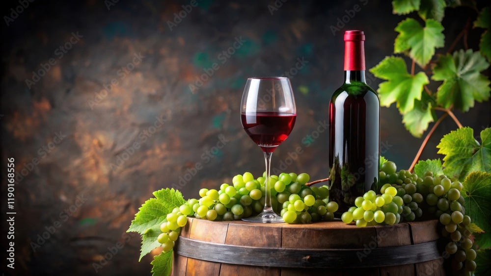 Fototapeta premium A bottle of red wine sits atop a wooden barrel surrounded by lush green grapes and a glass filled with crimson liquid
