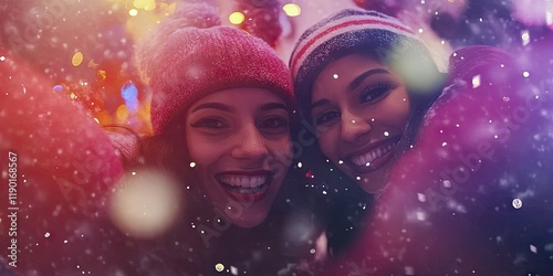 Joyful friends, snowy night, city lights, winter fun. Holiday card