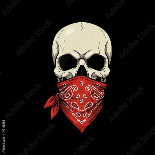A stylized illustration of a human skull wearing a red paisley bandana against a black background.