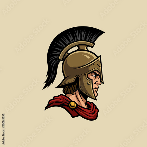 A stylized illustration depicts the profile of a Spartan warrior, wearing a bronze helmet with a tall plume and a red cloak.