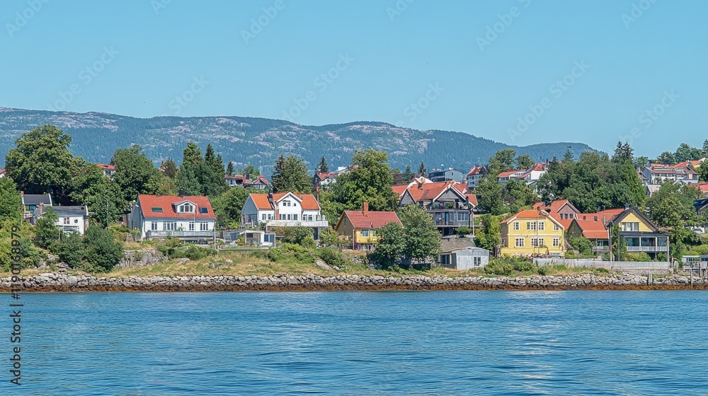 Obraz premium Vibrant Scandinavian houses along Trondheim's waterfront, with colors mirrored in the sea, embodying the spirit of Norway's coastal architecture