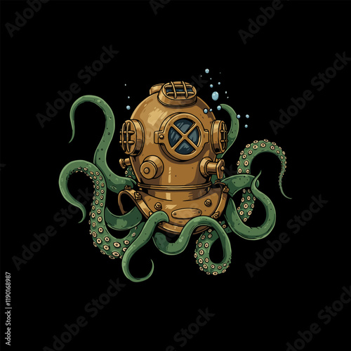 A vintage diving helmet is intricately surrounded by the green tentacles of a large octopus, suggesting a mysterious underwater scene.