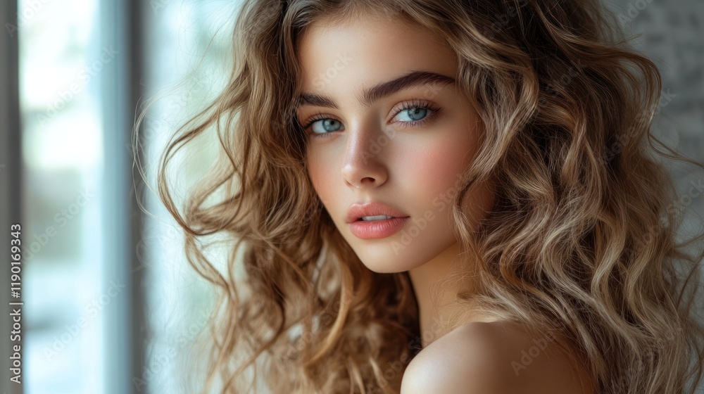 Close-up portrait of a young woman with long, curly blonde hair and blue eyes. Close-up portrait of a young woman with long, curly blonde hair and blue eyes.